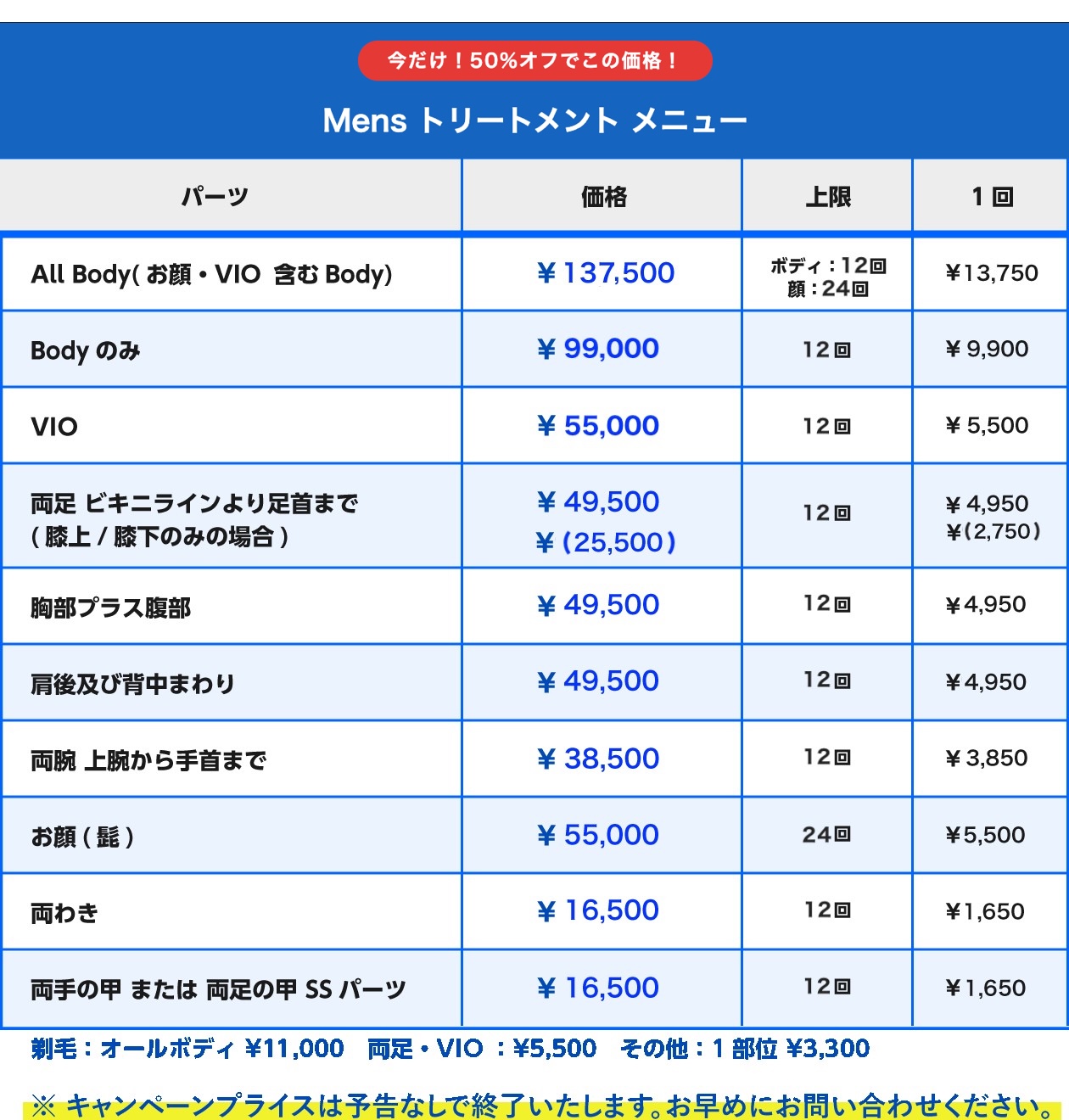 トリートメントメニュー